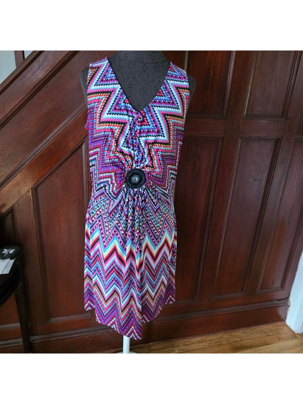 Lemmie For Nina Leonard Sleeveless Chevron Print Dress With Beaded Accent XL